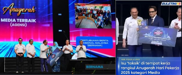 hari.pekerja.2025 Media personalities from Bernama and TV3 receiving their respective awards at the National Labour Day celebration at the Axiata Arena, Kuala Lumpur on May 1, 2025.