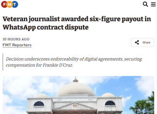 KL sessions court awards veteran journo six-figure payout in WhatsApp contract dispute Free Malaysia Today report published on July 20, 2025.