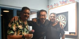 NPC Malaysia darters (from left) L. Jairajoo, John Chen and Stephen Francis at the clubhouse after a recent darts session.